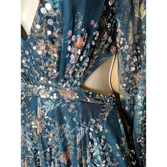 Mac Duggal Teal Floral Bling Cut Out Gown 0 - Picture 7 of 15